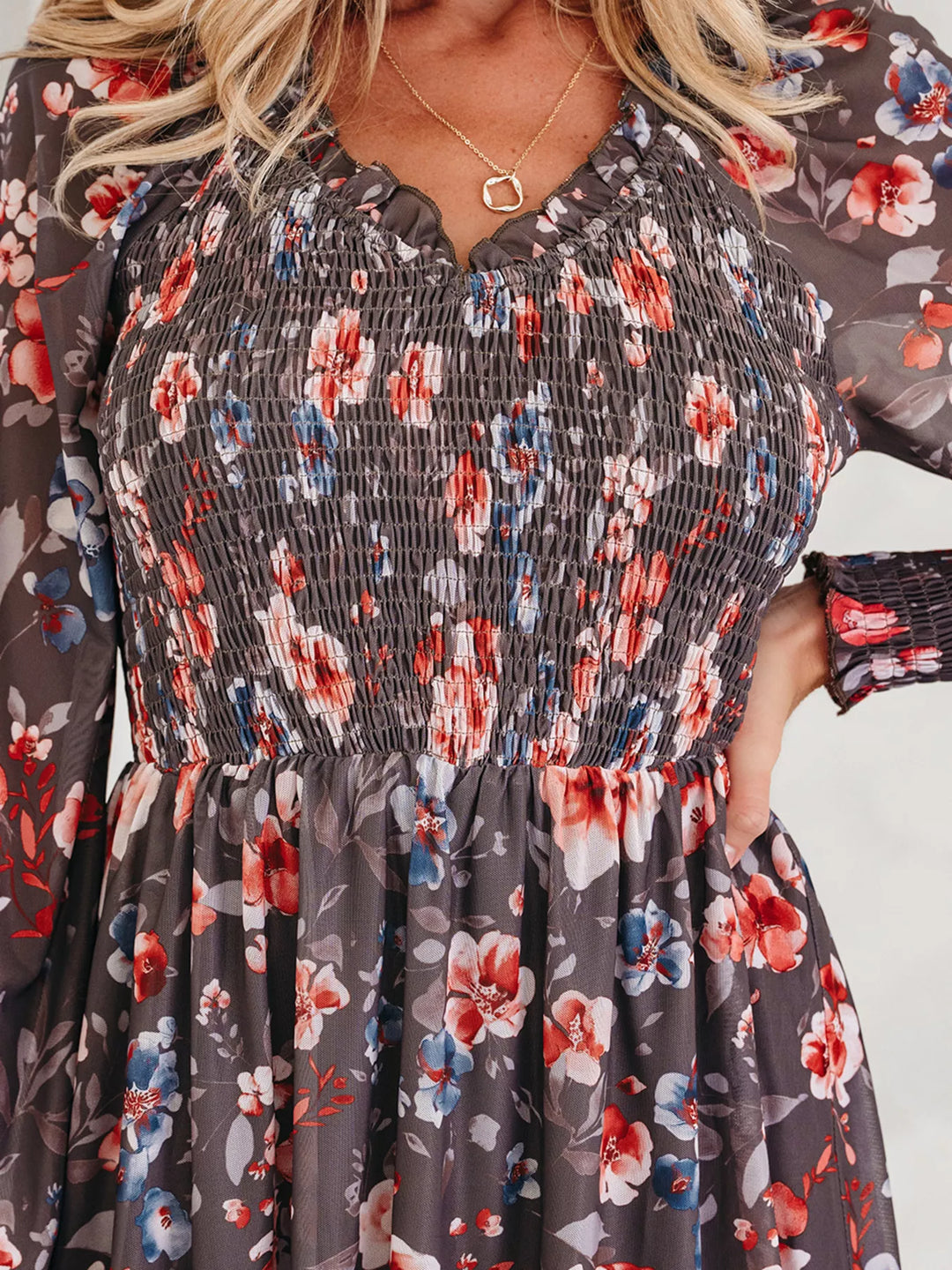Frilly Smocked Bodice Floral Mesh Long Sleeve Mini Dress