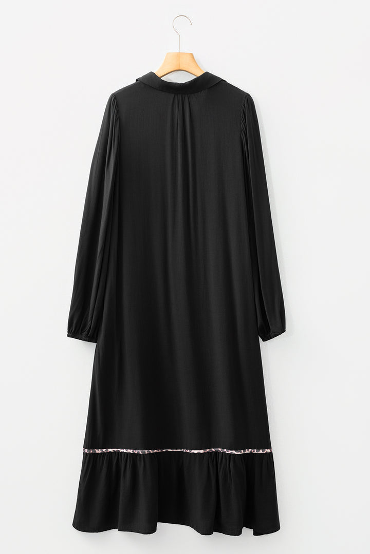 Black Collared V Neck Smocked Detail Contrast Leopard Trim Bracelet Sleeve Long Dress