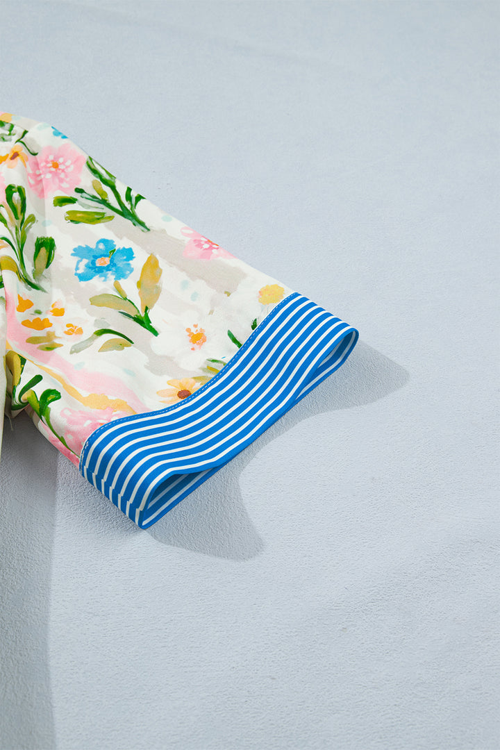 Multicolour Floral Print Striped Trim Button Down Shift Dress