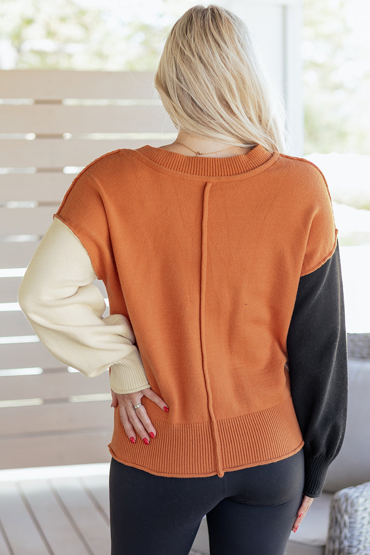 Desert Gold Colorblock Raw Edge Bubble Sleeve V Neck Sweater