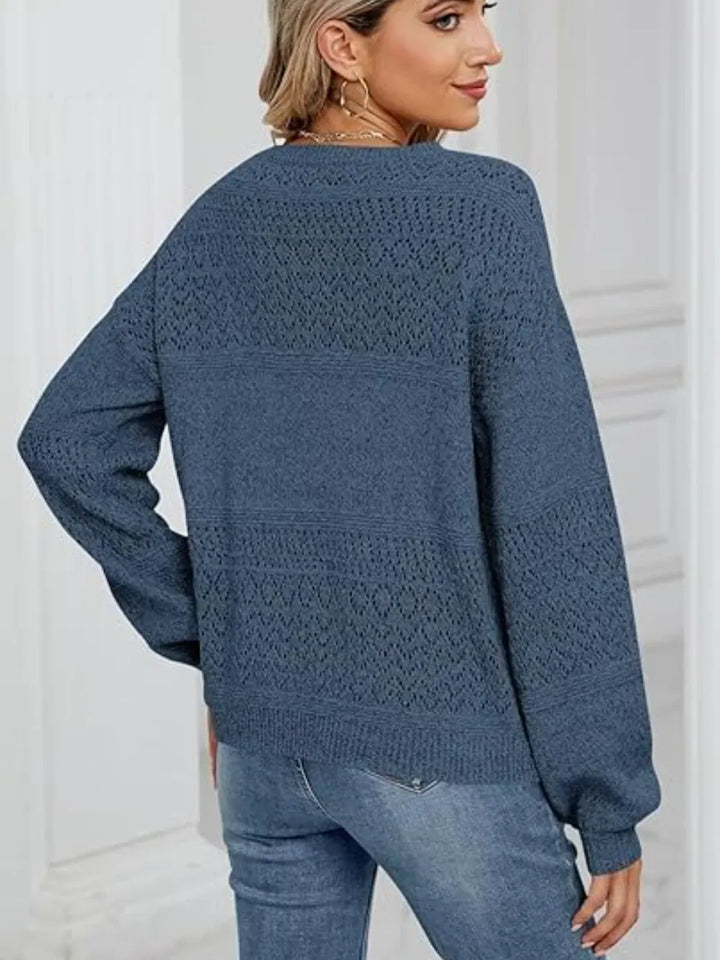 Eyelet V-Neck Long Sleeve Sweater