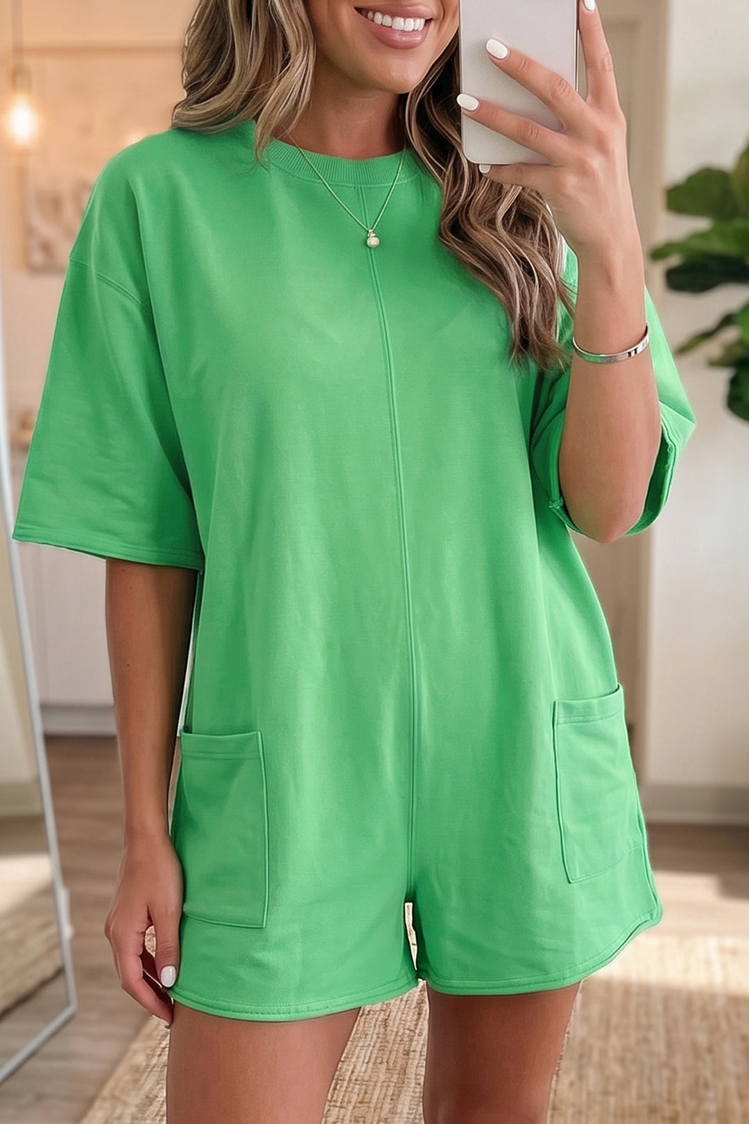 Bright Green Solid Color Raw Edge Half Sleeve Pocketed Loose Romper