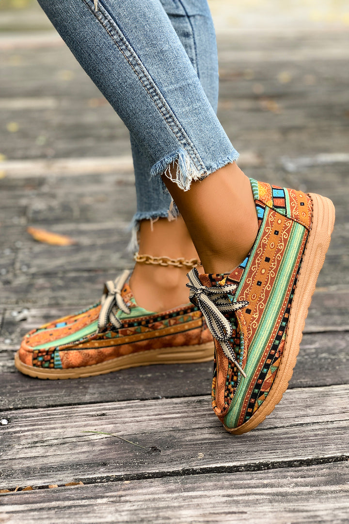 Mustard Ethnic Artistic Print Lace-up Detail Comfort Loafer Shoes