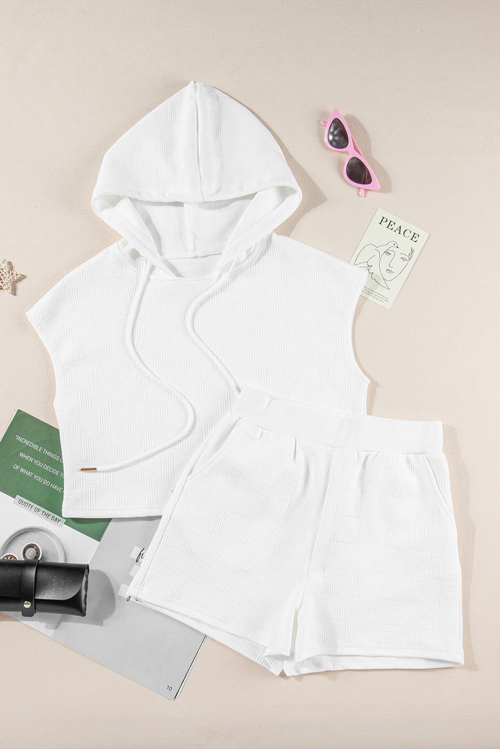 White Textured Cropped Hoodie and Shorts Set
