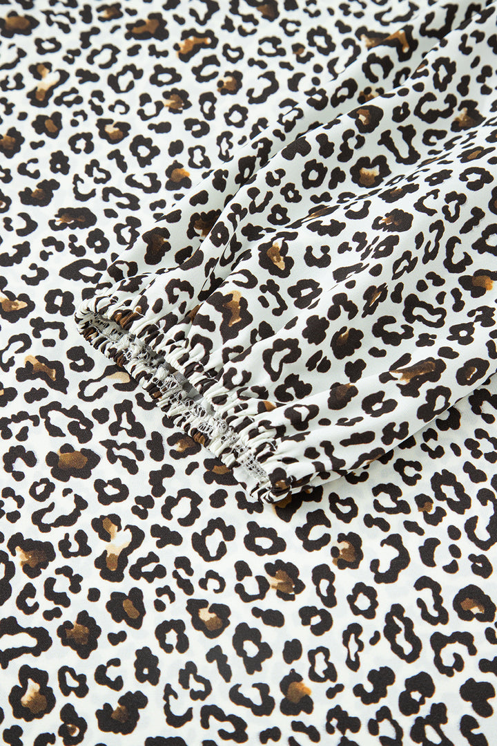 Khaki Plus Size Button V Neck Leopard Print Puff Sleeve Loose Mini Dress