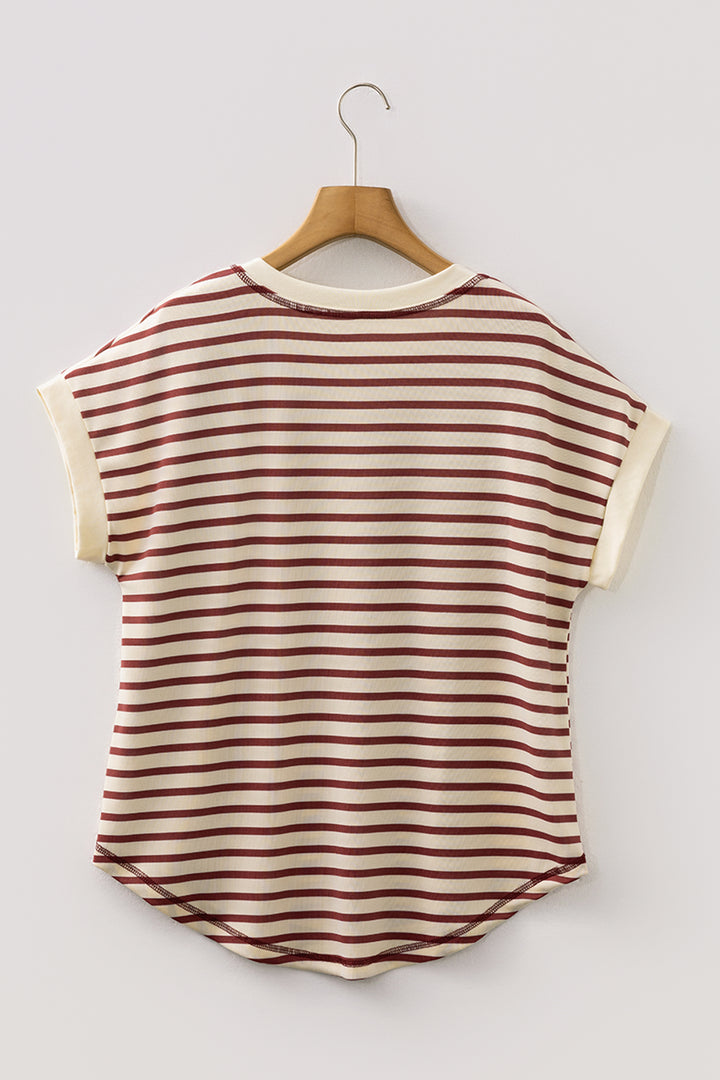 Red Stripe Half Buttons Round Neck T Shirt