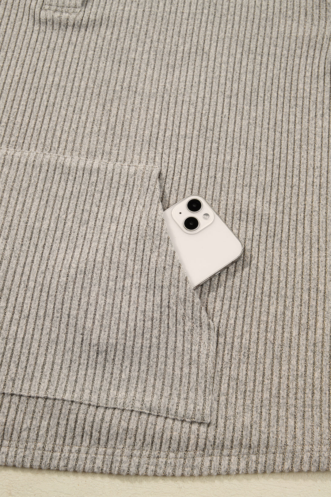 Simply Taupe Plus Size Ribbed Knit Kangaroo Pocket Henley Long Sleeve Top