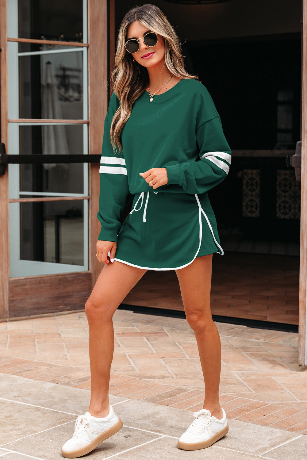 Evergreen Varsity Stripe Detail Drop Shoulder Pullover Mini Skirt Set