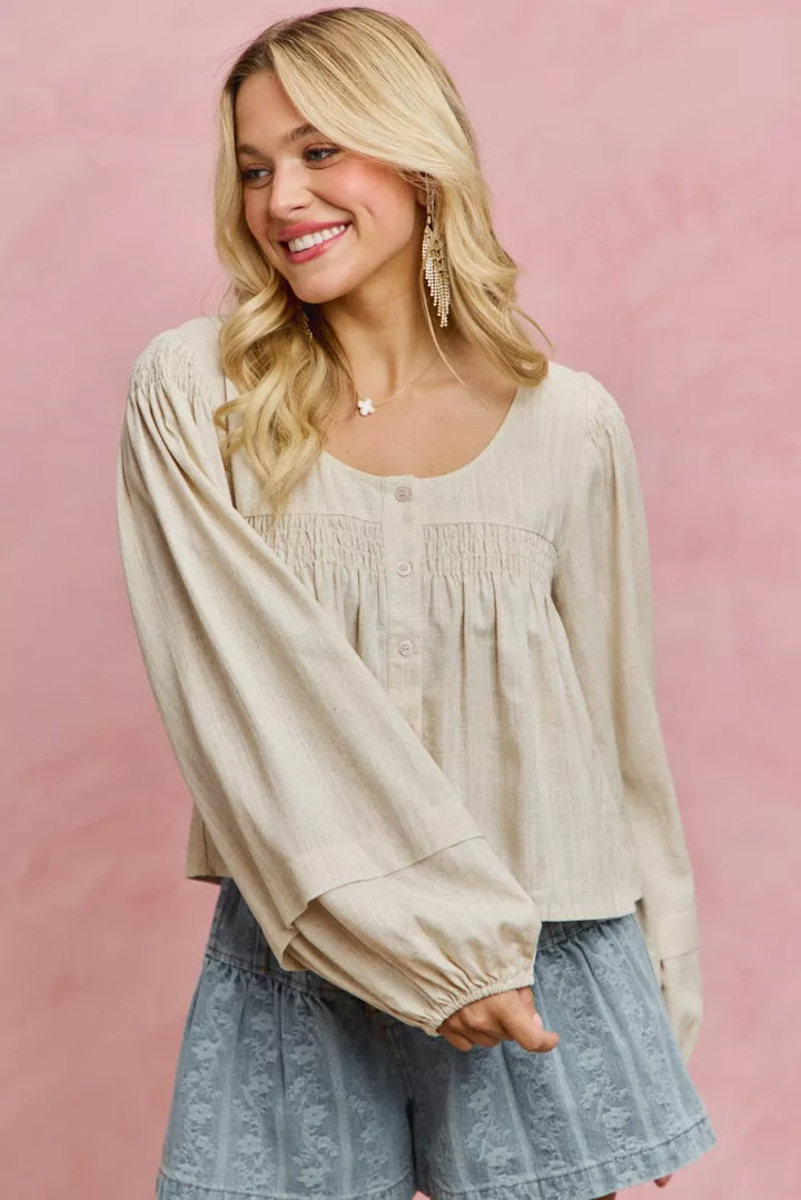 SO ME Linen Blend Woven Long Sleeve With Smocking Top