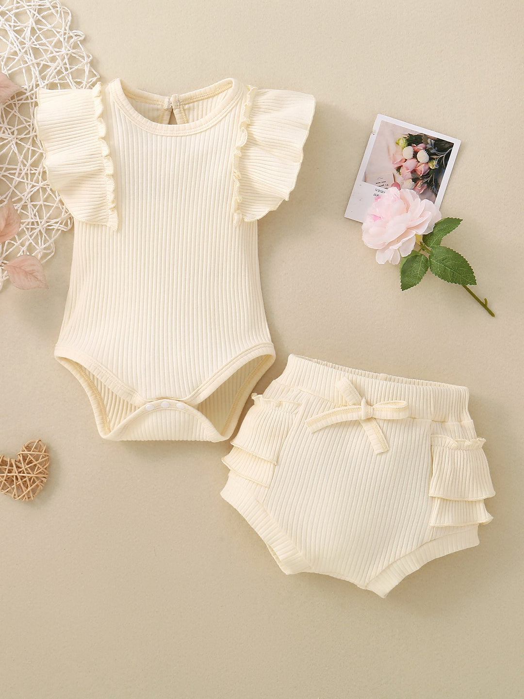 Children's Ribbed Ruffle Trim Bodysuit & Shorts Set
