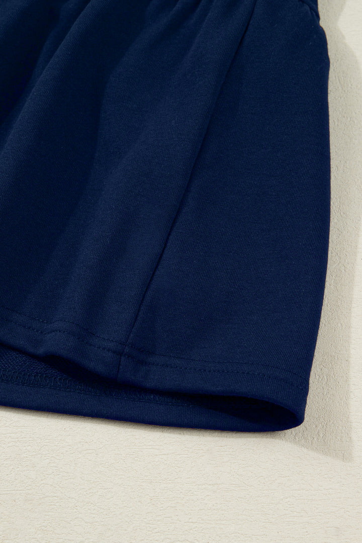 Navy Blue Contrast Striped Cuffs Polo Collar Patchwork Long Sleeve Ruffle Hem Mini Dress