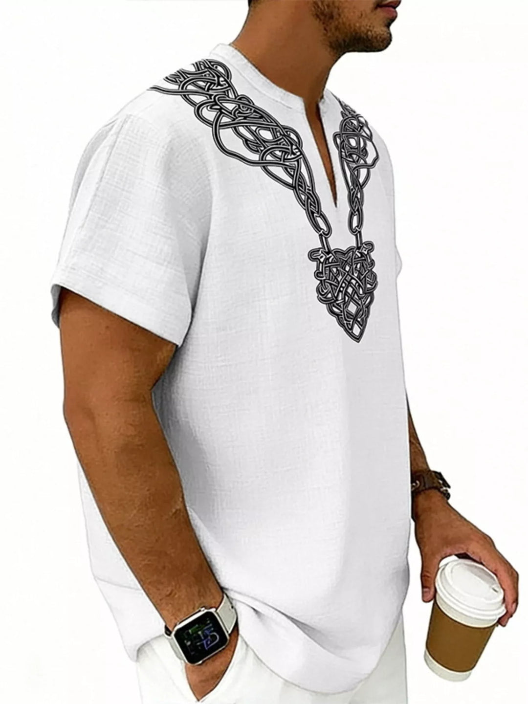 Men's Full Size Notched Printed Short Sleeve Blouse Plus Size