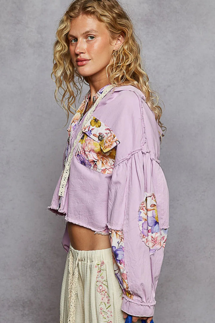 POL Raw Hem Floral Print Cropped Hooded Jacket