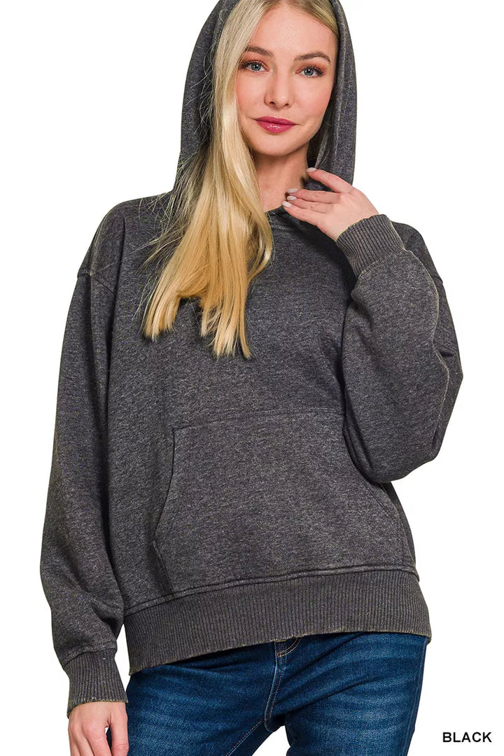 Zenana Fleece Acid Wash Kangaroo Pocket Hoodie