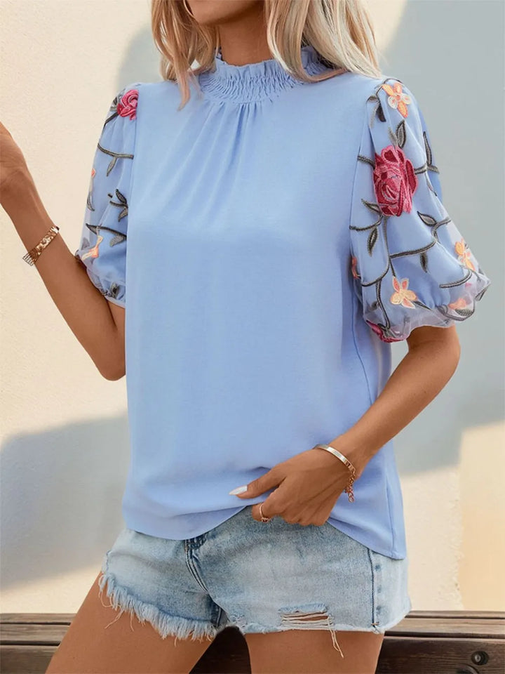 Perfee Embroidered Mock Neck Puff Sleeve Blouse