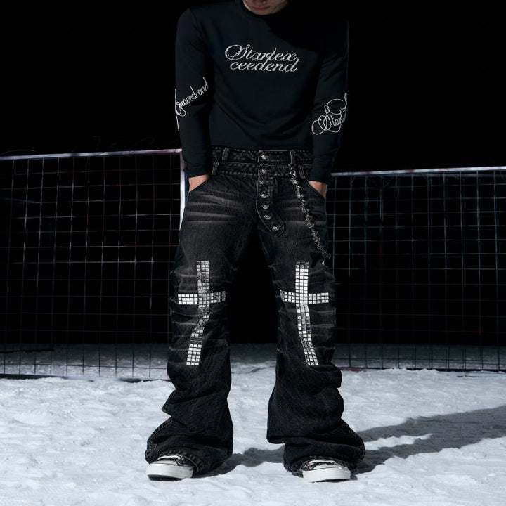 Mens Cross-Design Rhinestone-Embellished Double-Waist Button Denim Jeans