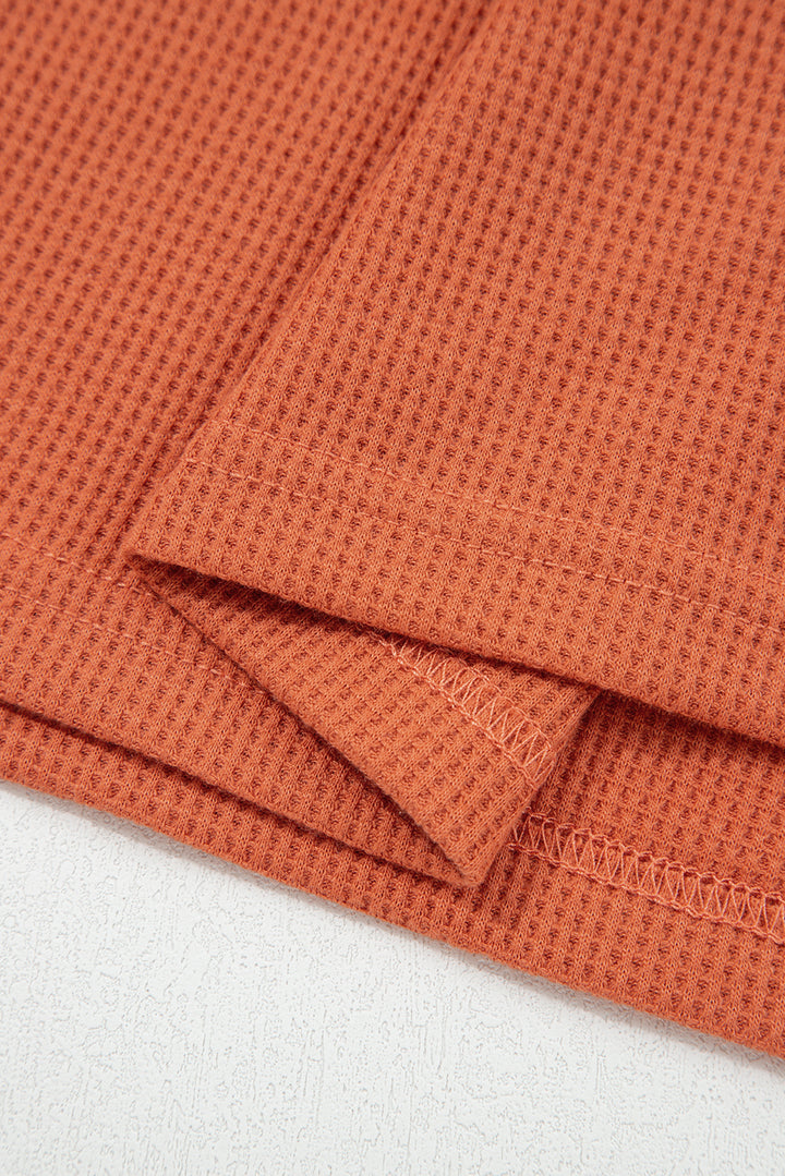 Cinnamon Waffle Printed Patchwork Drawstring Hooded Long Sleeve Top