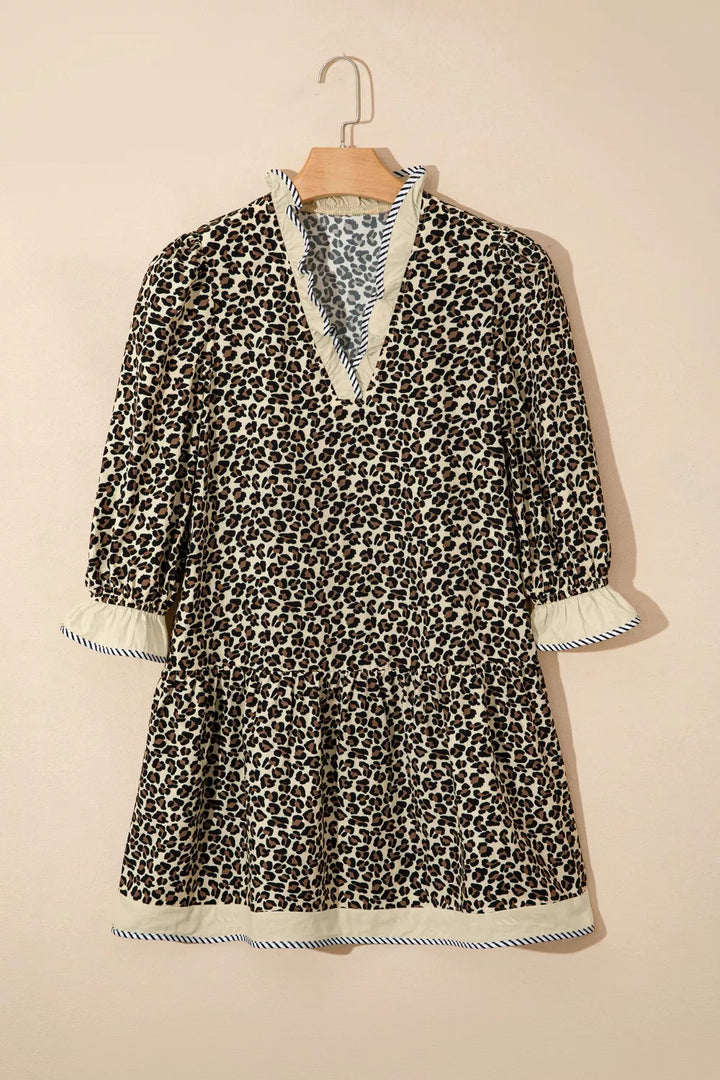 Leopard Print Striped Color Block Trim V Neck Bracelet Sleeve Mini Dress