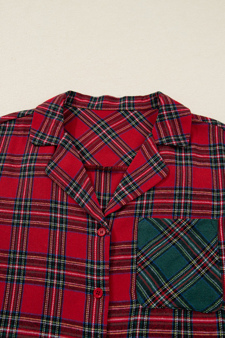 Red Plaid Contrast Patched Christmas Holiday Long Sleeve Shirt and Short 2pcs Pajama Set