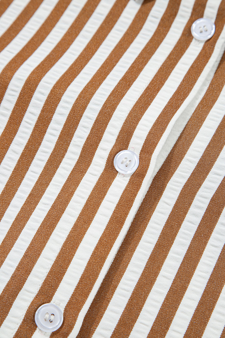 Brown Stripe Ruffled Hem Collared Long Sleeve Shirt Mini Dress
