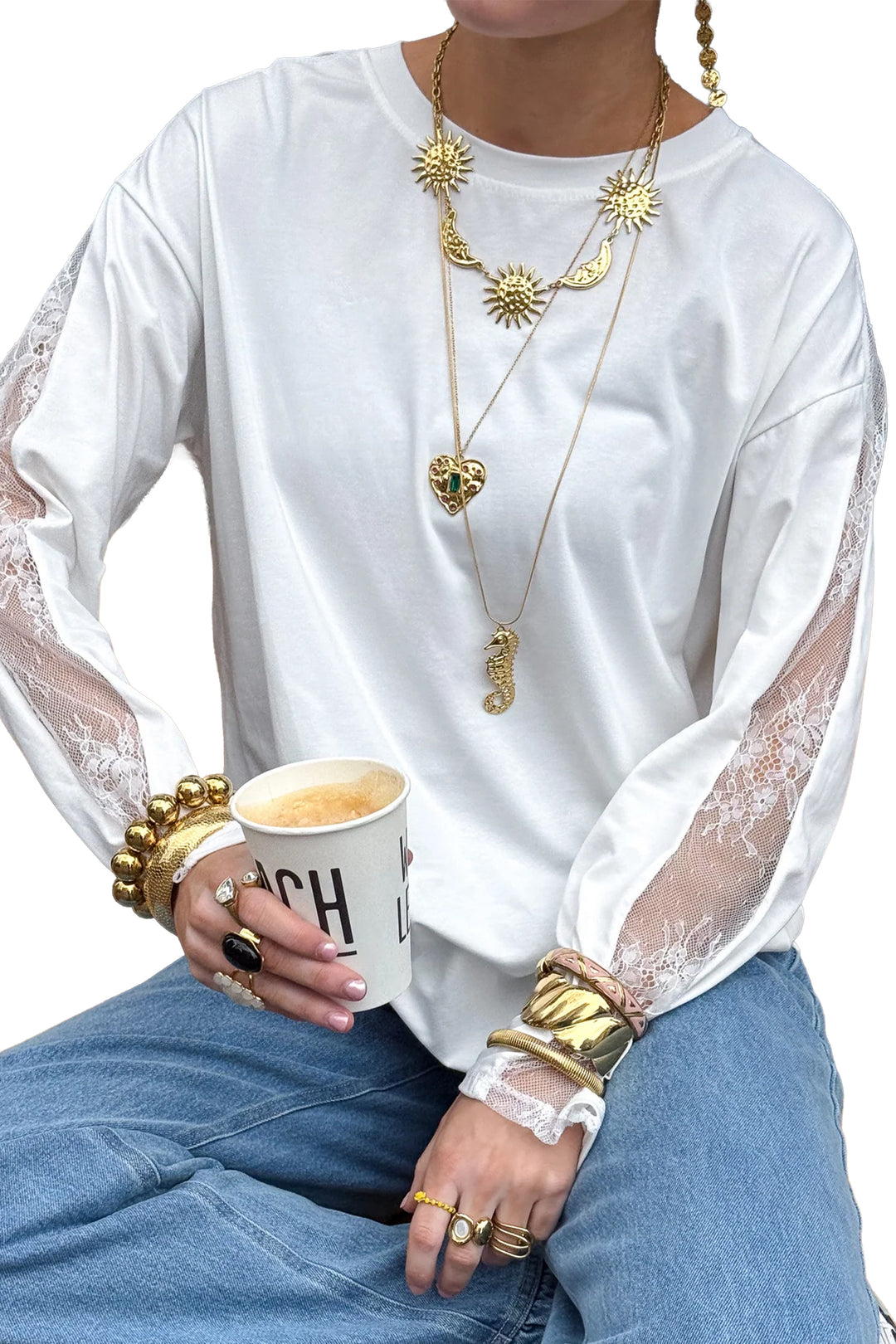 White Lace Patchwork Round Neck Casual Long Sleeve Top