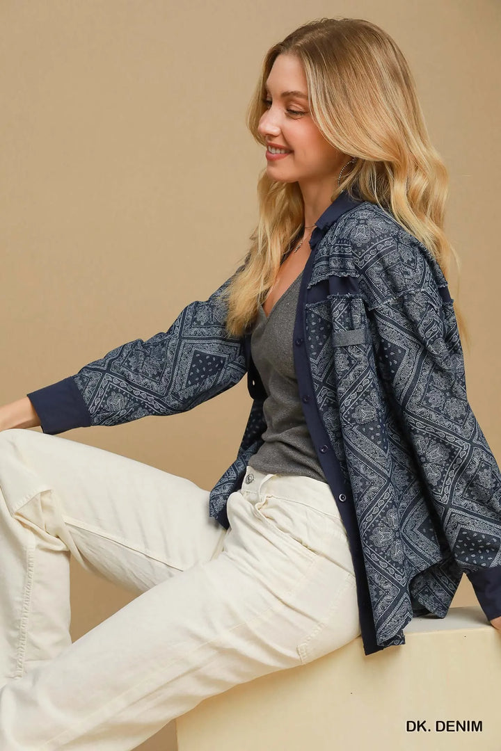 Umgee Paisley Print Denim Shirt Jacket