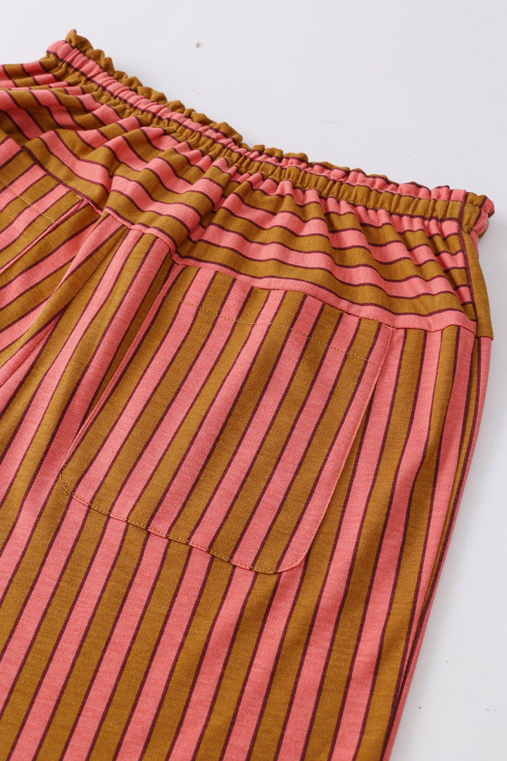Stripe Button Pocket Tie Waist Casual Wide Leg Pants