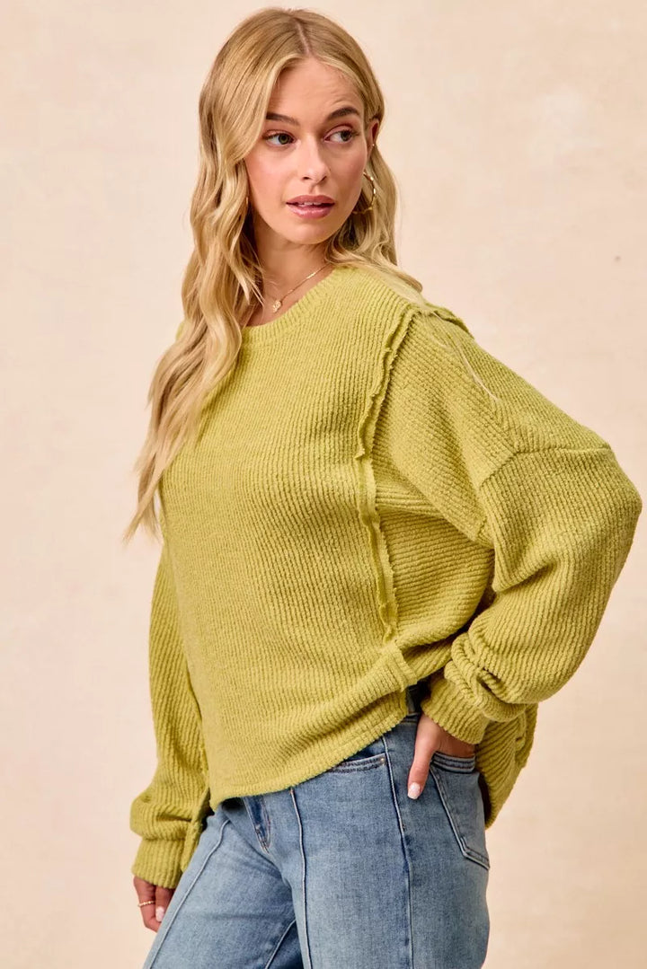 BiBi Boucle Rib Knit Uneven Hem Sweater With Open Seam