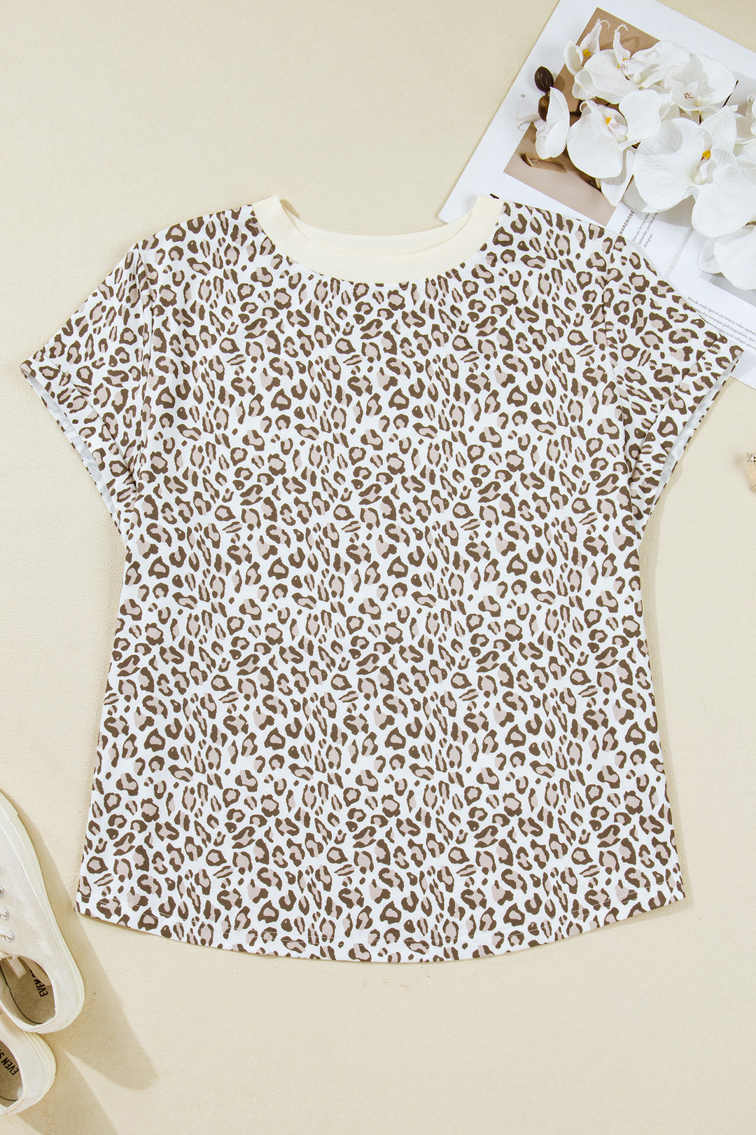 White Plus Size Leopard Print Round Neck T Shirt