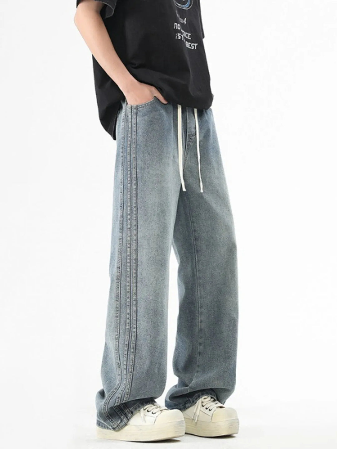 Men's Plus Size Drawstring Washed Wide Leg Jeans