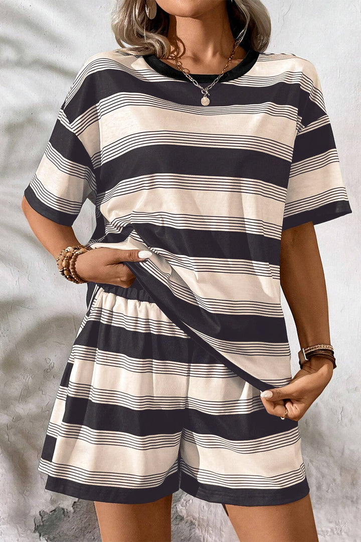 Black Stripe Short Sleeve T Shirt and High Waist Pocketed Shorts Set