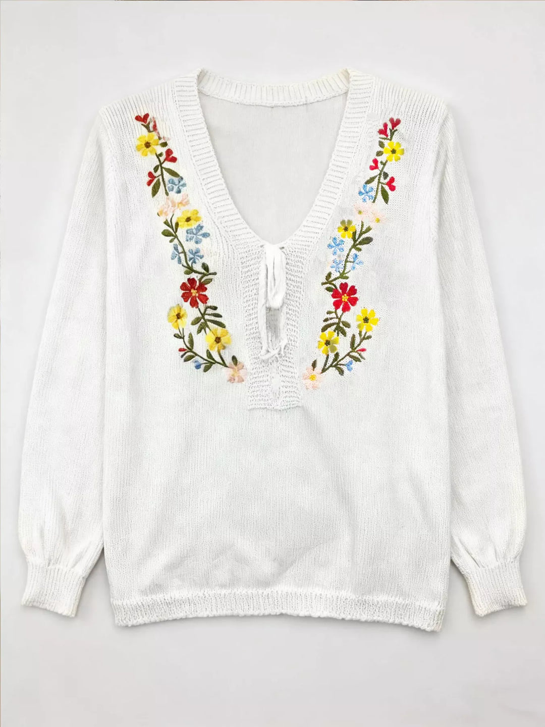 Floral Embroidered V-Neck Sweater