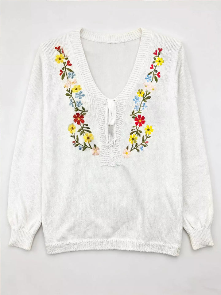 Floral Embroidered V-Neck Sweater