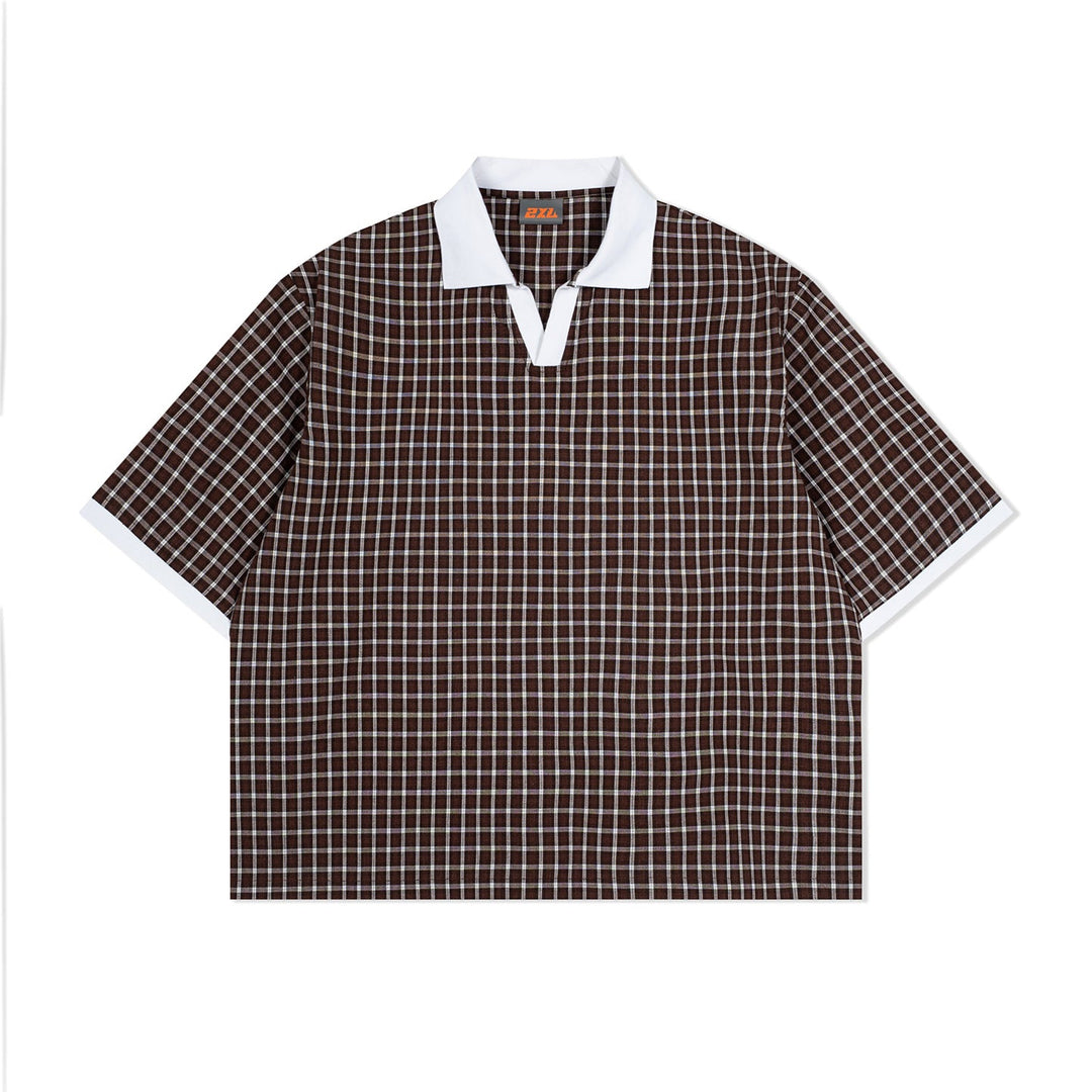 Mens Summer Thin Color-Block Plaid Lapel Short-Sleeve Shirt