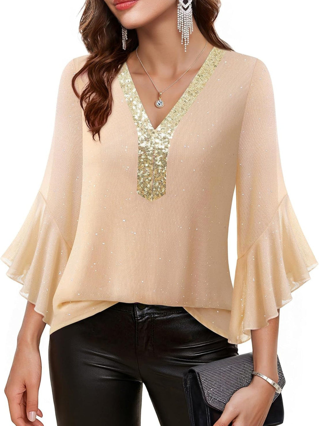 Sequin V-Neck Flounce Sleeve Blouse