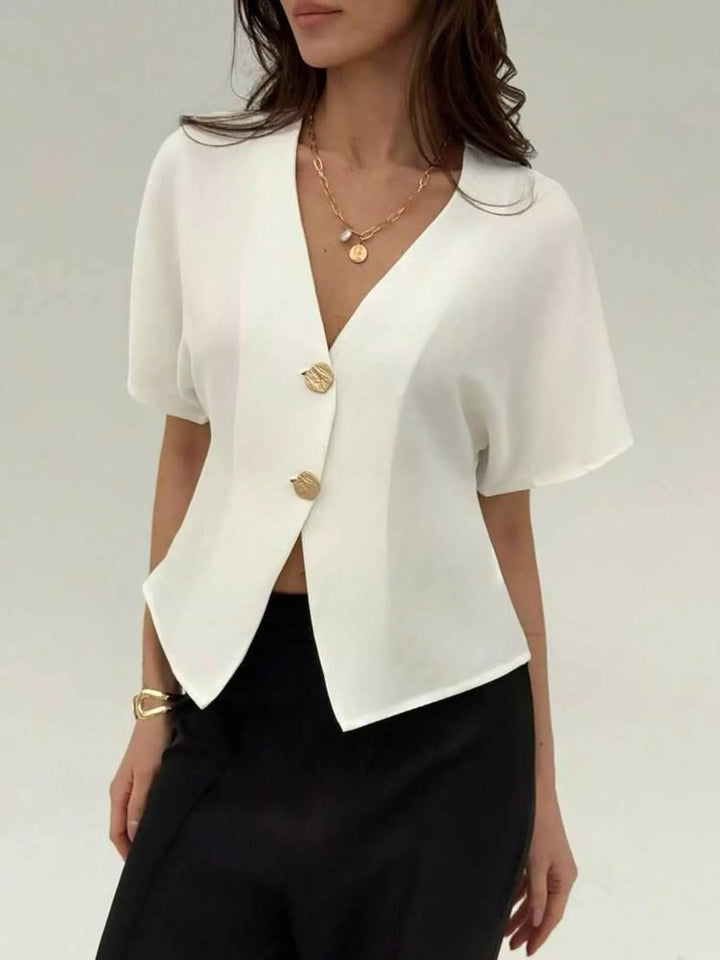 V-Neck Button-Up Short Sleeve Shirt