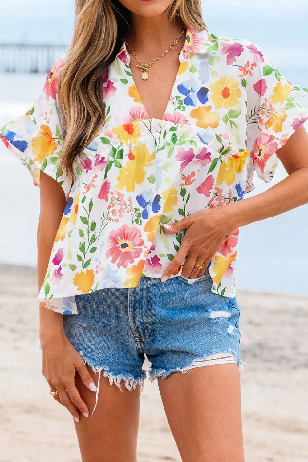Floral Boxy Fit Ruffled Short Sleeve Blouse