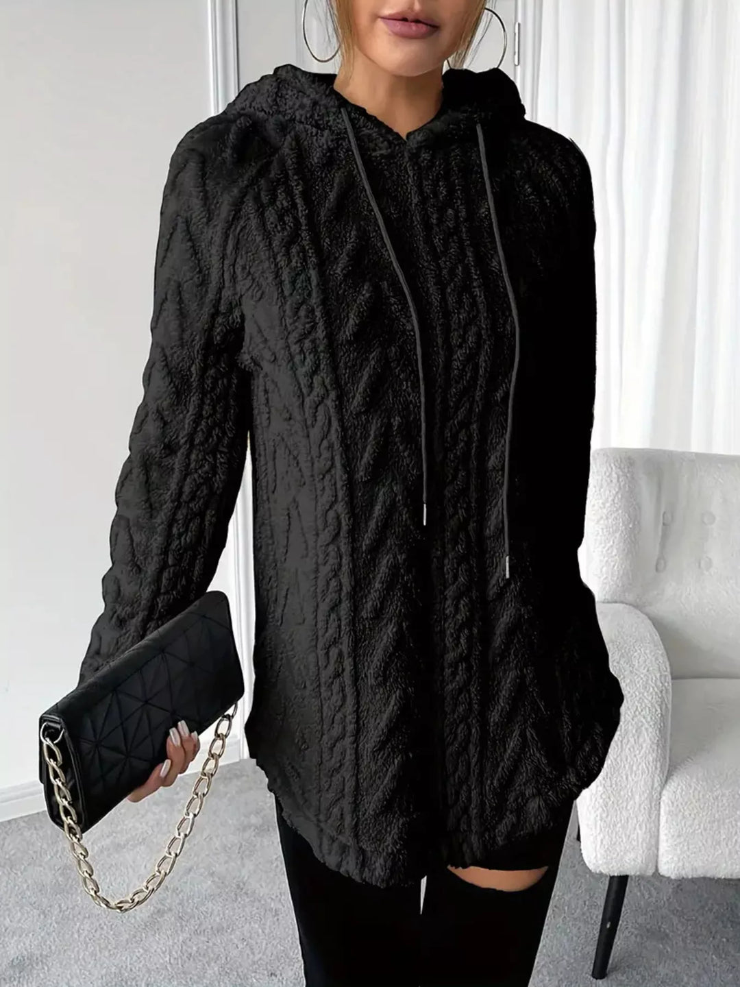 Cozy Textured Drawstring Fleece Hoodie