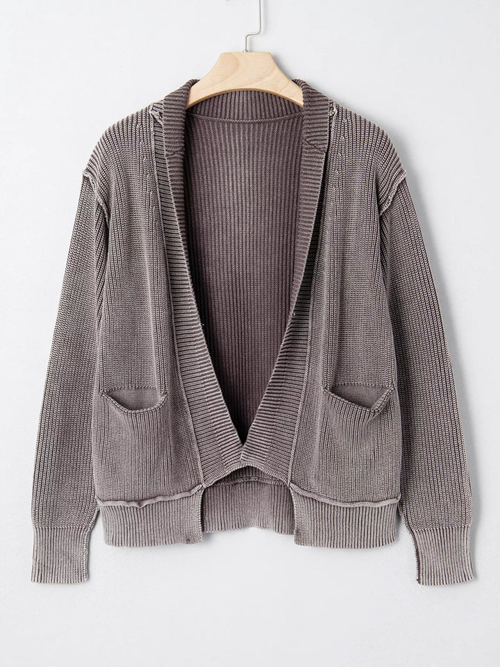 Mineral Wash Exposed Seam Patchwork Knit Open Sweater Cardigan