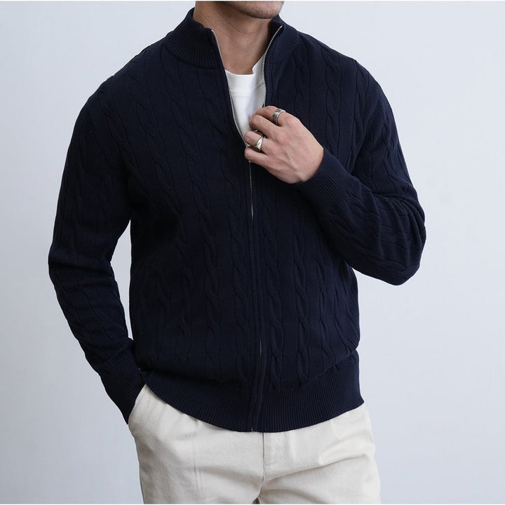 Mens Casual Slim-fit Jacquard Knitted Coat With A Stand-up Collar