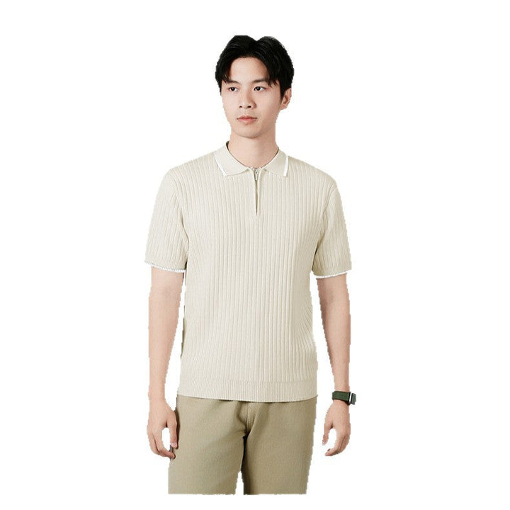 Men's Half-zip Ice Silk Knitted Lapel Vertical Striped Top
