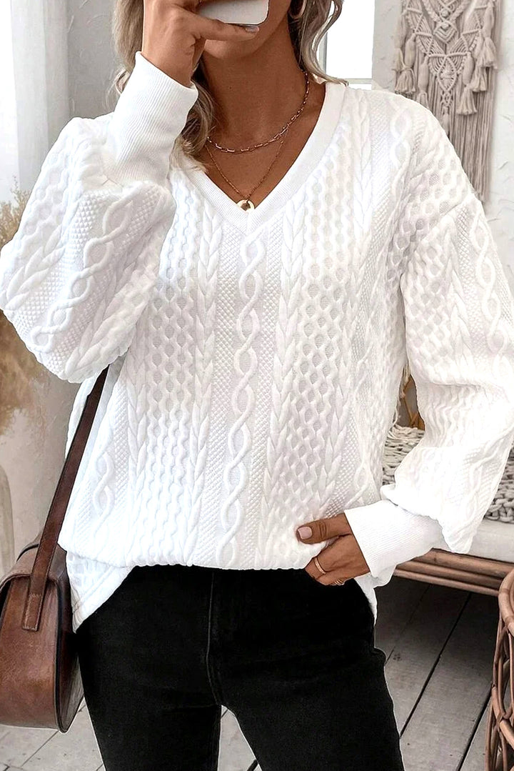 White Solid Color Textured V Neck Drop Shoulder Knit Top
