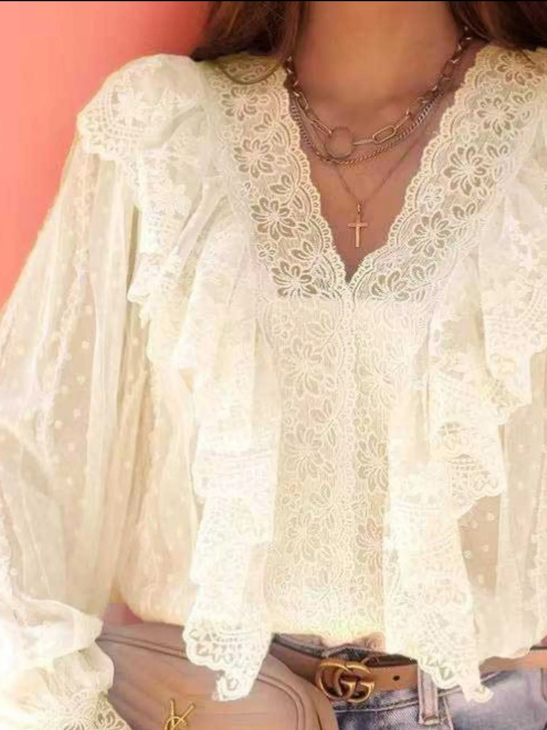 Lace Trim Ruffle V-Neck Long Sleeve Blouse