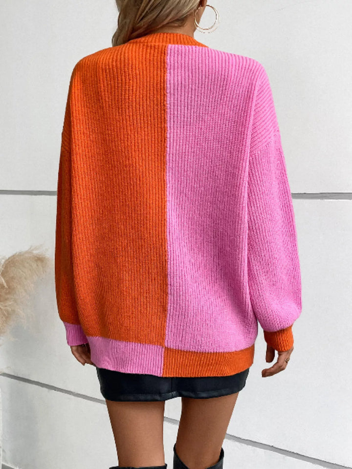 Color Block Open Front Knit Cardigan