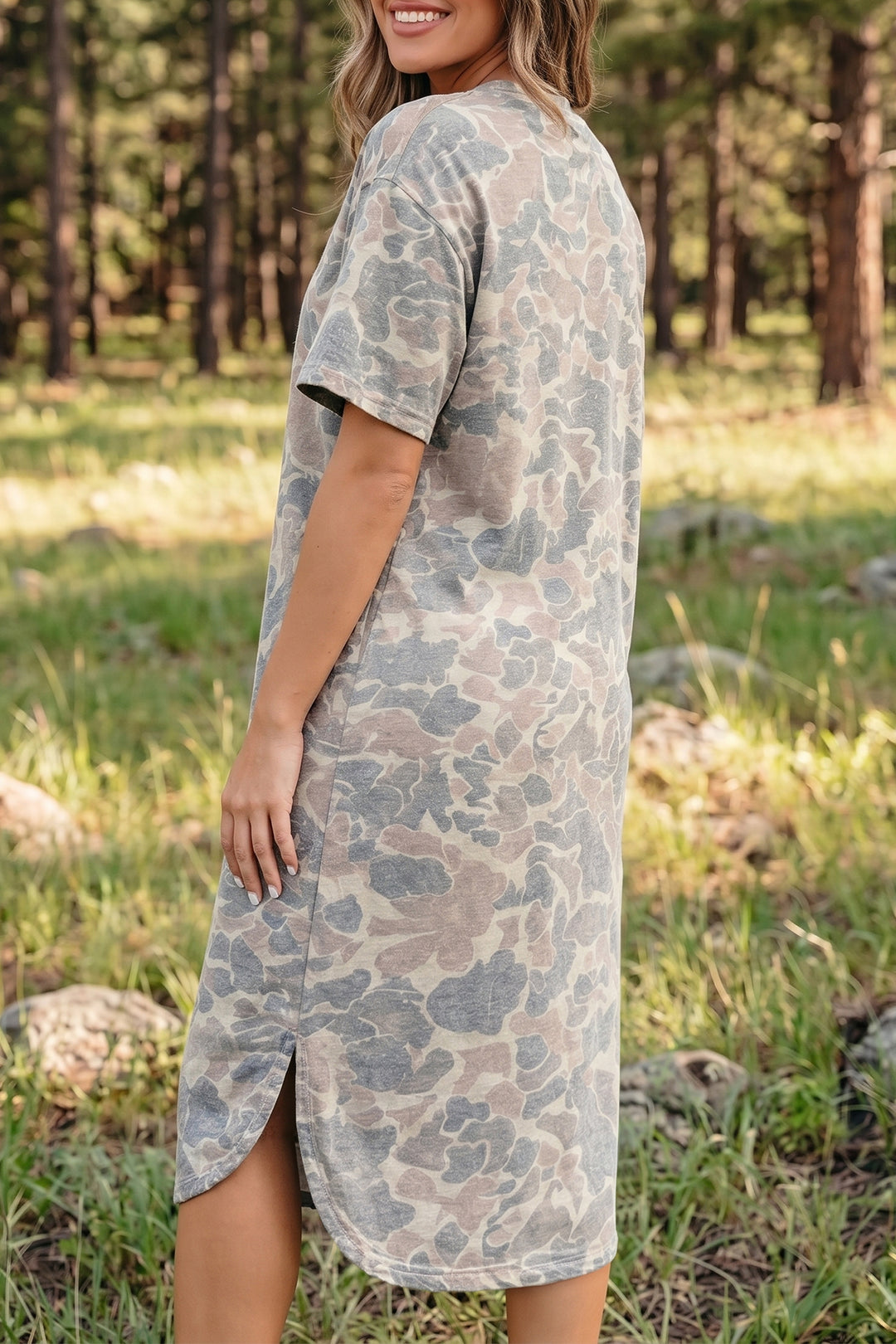 Multicolour Camouflage Print Short Sleeve Drop Shoulder Side Slit Casual Dress