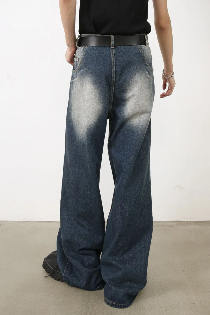 Men's Washed Wide Leg Jeans with Front Patch Pockets