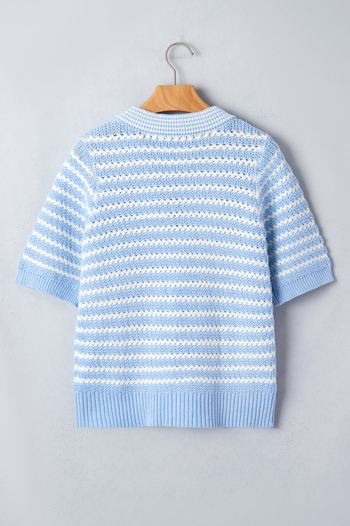 Sky Blue Stripe Short Sleeve Knit V Neck Bow Knot Sweater