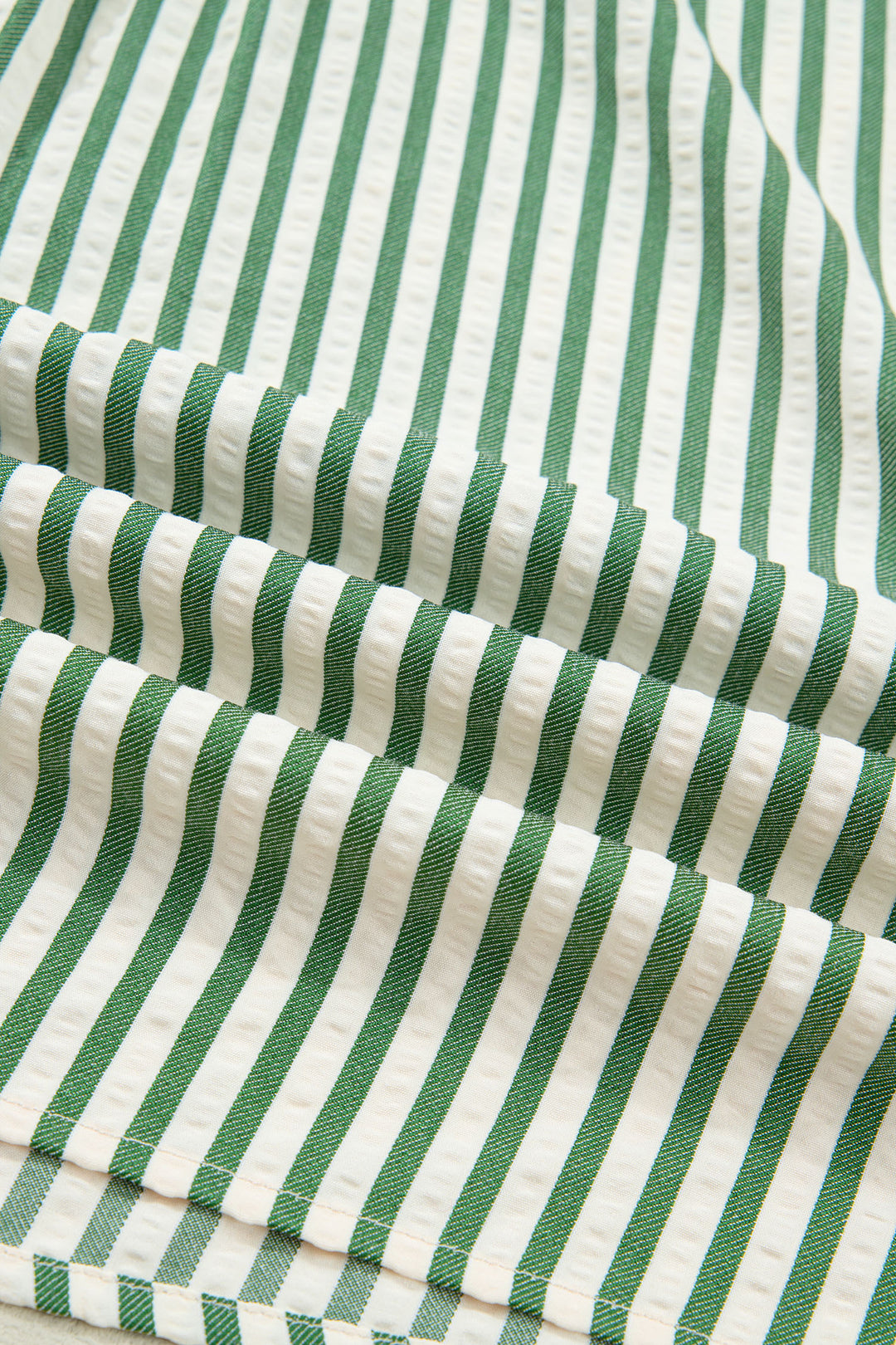 Green Stripe Collared Split Neck Short Bubble Sleeve Blouse