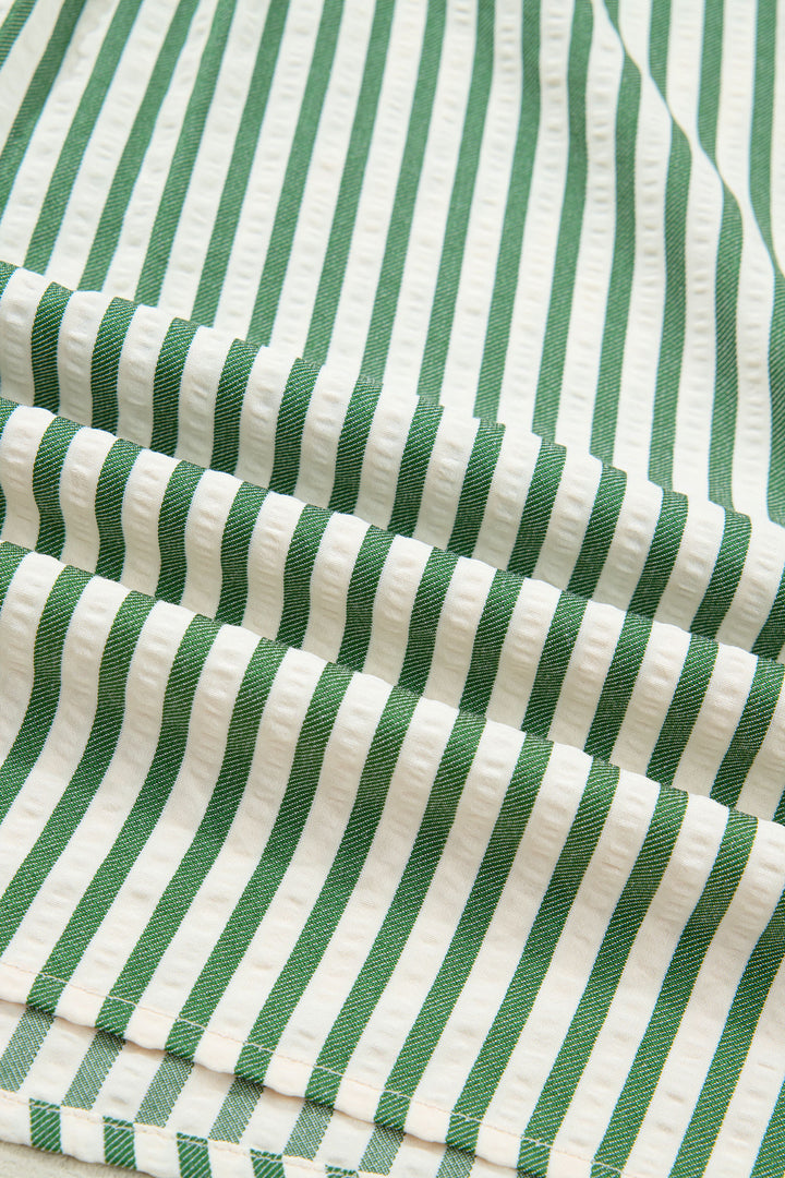Green Stripe Collared Split Neck Short Bubble Sleeve Blouse