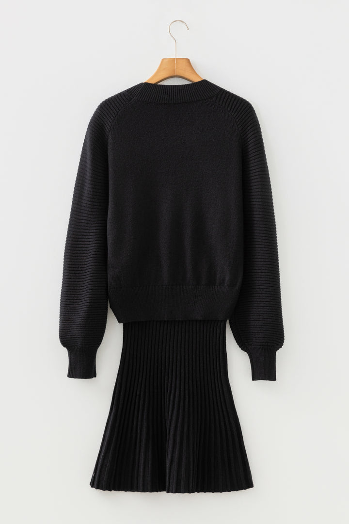Black High Neck Puff Sleeve Sweater Pleated Mini Skirt 2pcs Knitted Outfit